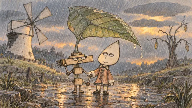A wooden robot bends its enormous hat leaf to shelter a coat-wearing teardrop visitor as rain sweeps past an old windmill.