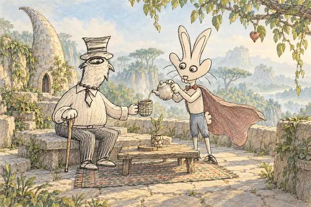 A caped rabbit pours tea for a one-eyed gentleman on a quiet tower terrace above the treetops.