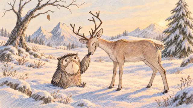 An antlered deer lowers its head to a shaggy owl in a quiet snowy clearing, touching the offered tip of a wing.