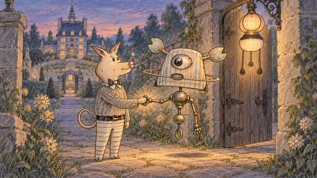 A bow-tied mouse in striped trousers welcomes a hovering leaf-eared bell visitor beneath a glowing garden lantern.