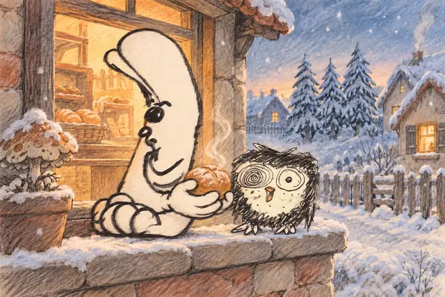 A tall-capped little chef offers a warm bread roll to a spiral-eyed owl outside a tiny bakery as the first snow falls.