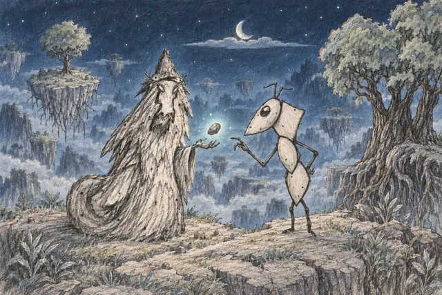 A curled bearded wizard demonstrates a hovering stone to an angular insect robot above a valley of floating root islands.