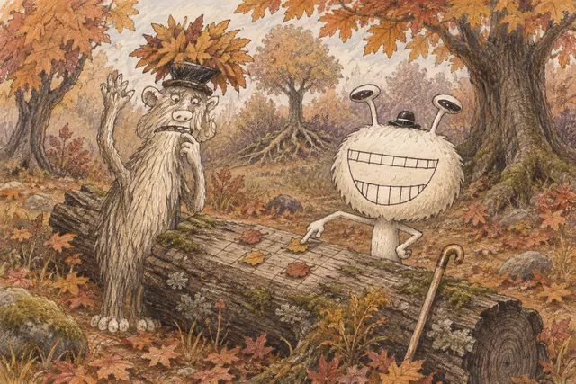 A shaggy figure beneath a leafy top hat considers an antenna gentleman’s move in a game of leaves played on a fallen log.