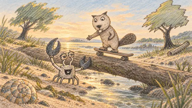 A grinning crab steadies a fallen log while a thoughtful beaver rolls its skateboard over a narrow coastal runnel.