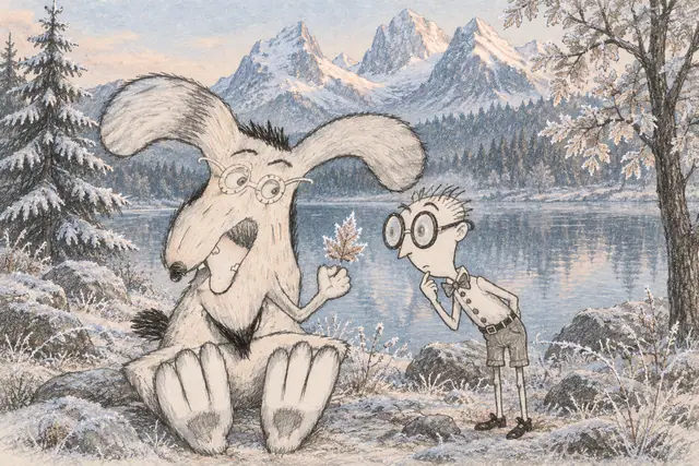 A giant-eared spectacled creature and a small bespectacled boy study a frost-covered leaf beside a quiet alpine lake.