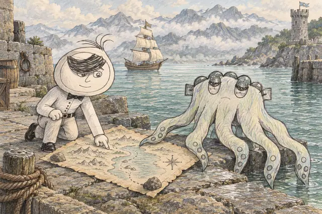 A swept-haired gentleman and a five-armed squid compare a tide map beside a quiet harbor.