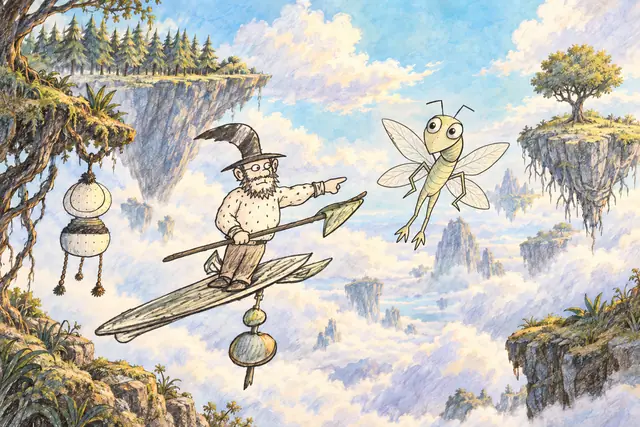 A smiling winged insect guides a bearded board-riding wizard between floating islands and suspended lanterns.