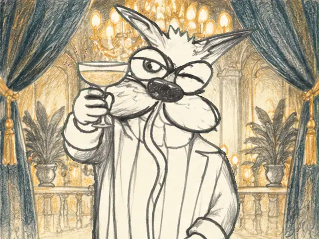 A dapper cat in a suit raises a glass in a celebratory toast.