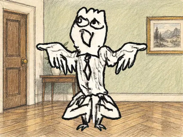 An angular bird in a suit looks around an empty room, puzzled about where everyone went.