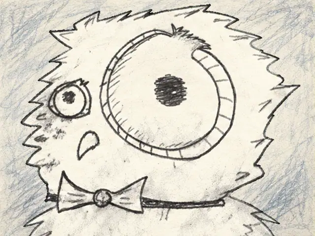 A shaggy face with huge eyes and a bow tie blinks in disbelief.