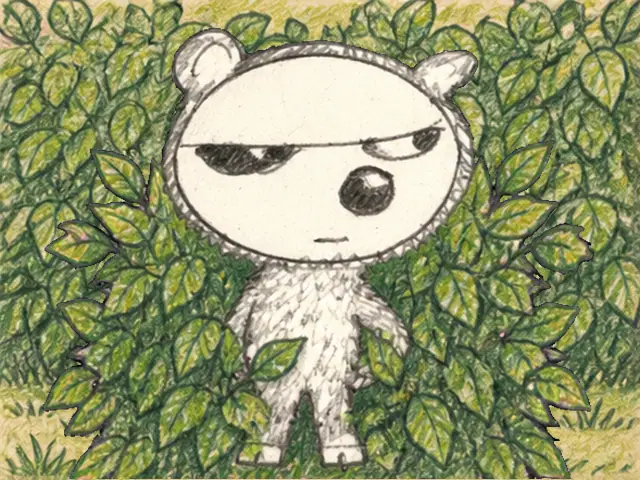 A round-eared character giving a peace sign retreats into a leafy hedge and disappears.