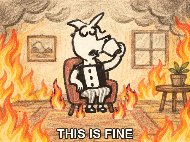 A wide-eared gentleman holds his mug as flames rise around him, staying remarkably composed.