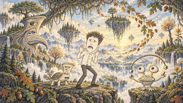 A worried, spiky-haired man stands at the center of a rocky terrace, surrounded by floating forest islands, mountain clouds, a giant woodgrain bird, arching roots, oak leaves, acorns, a trumpet-playing turtle, and an orb-carrying figure.