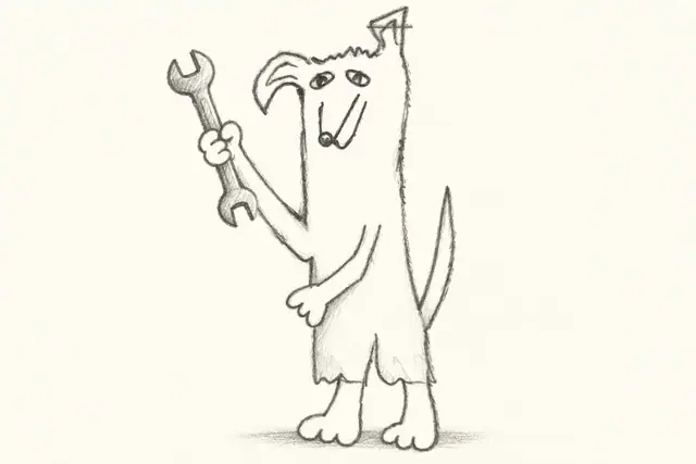 A tall, long-eared notebook dog stands on its hind paws, holding a wrench in one raised paw, drawn in graphite on warm ivory paper.