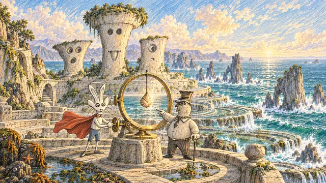 A caped rabbit and a one-eyed gentleman align a brass tide instrument among sculptural towers above a bright turquoise sea.