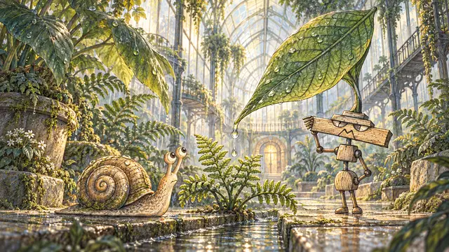 A wooden leaf-hatted robot directs a raindrop toward a fern beside a spiral-shelled snail in a luminous botanical glasshouse.