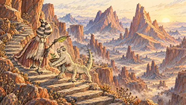 A bow-tied crocodile and a striped-hat bird wizard carry a small green seedling through monumental terracotta ridges.