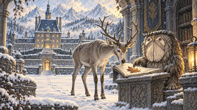 An antlered deer and an eccentric shaggy owl study an autumn leaf in a folio beside a snowbound manor archive.