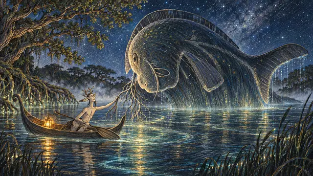An antlered canoe paddler reaches toward the branching whiskers of a giant fish beneath stars in a luminous estuary.