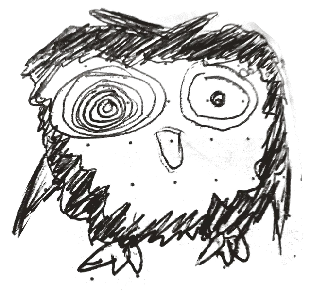 Notebook drawing: shaggy owl with one spiral eye.