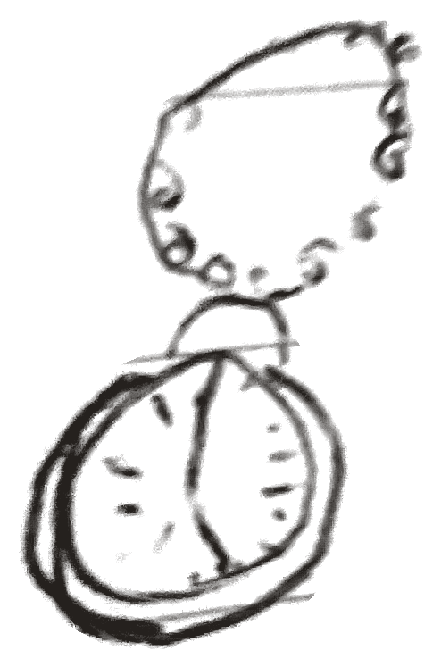 Notebook drawing: open pocket watch with a scalloped lid.