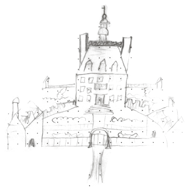 Notebook drawing: ornate manor with walled gardens and an arched gate.