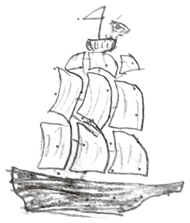 Notebook drawing: sailing ship with a tiny lookout.
