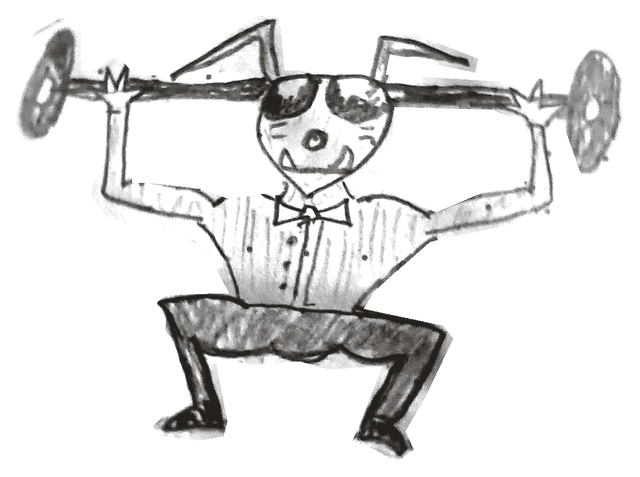 Notebook drawing: bow-tied antenna weightlifter.