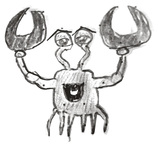 Notebook drawing: grinning crab with huge pincers.