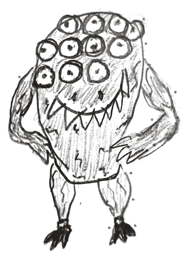 Notebook drawing: many-eyed toothy monster with hands on hips.