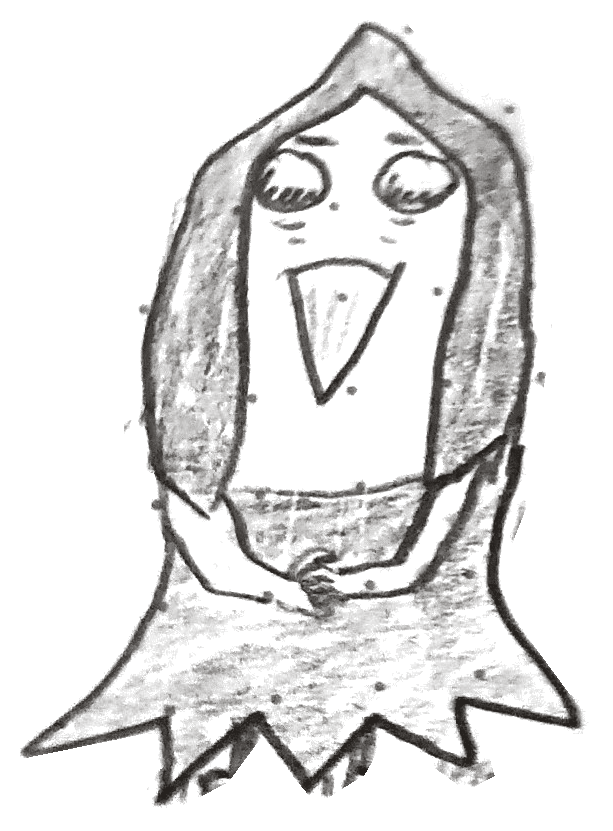 Notebook drawing: hooded smiling tree-stump figure.
