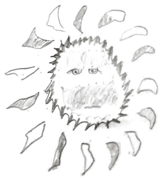 Notebook drawing: shaggy sun face with drifting flame-shaped rays.