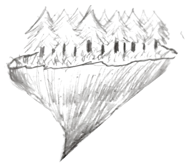 Notebook drawing: evergreen forest on a pointed floating island.