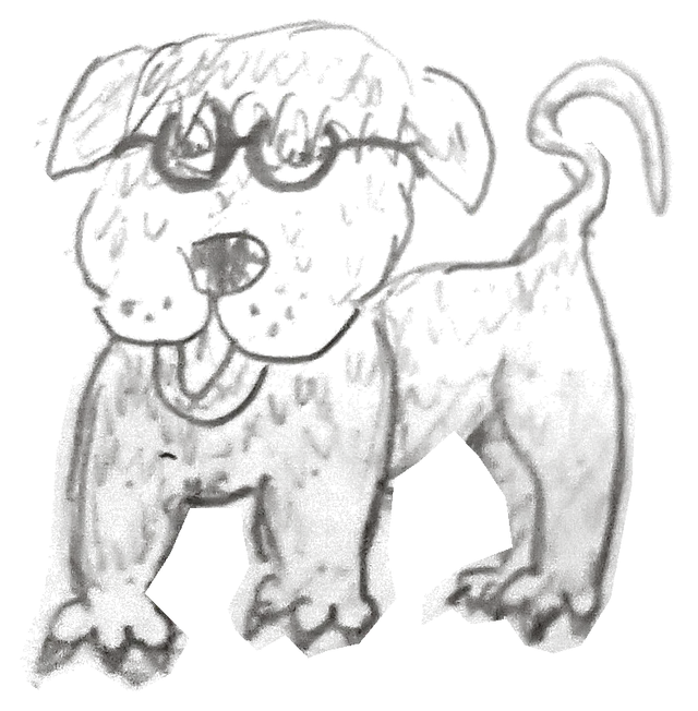 Notebook drawing: shaggy smiling dog wearing round spectacles.