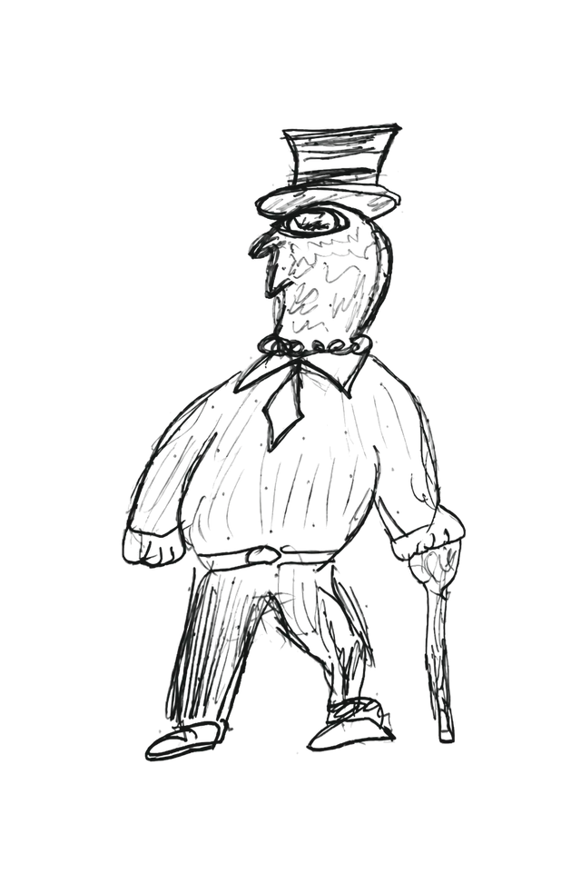 Graphite drawing of a one-eyed birdlike gentleman in a top hat, bow tie, trousers, and cane.