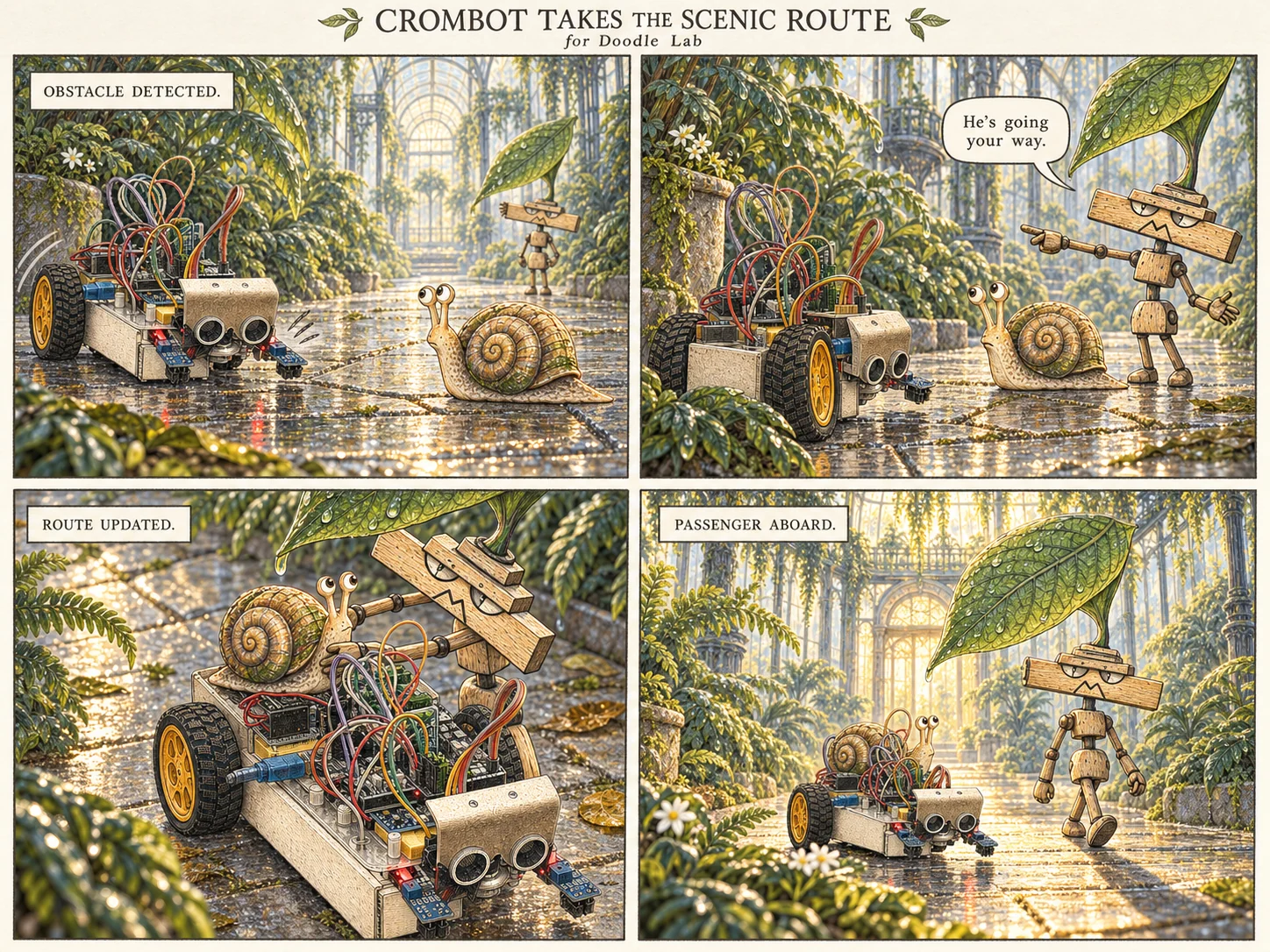 A four-panel comic follows Crombot, a handmade robot car with twin sensor eyes and looping wires, as he avoids a spiral-shelled snail, meets a leaf-hatted figure, and gives the snail a lift through a botanical world.